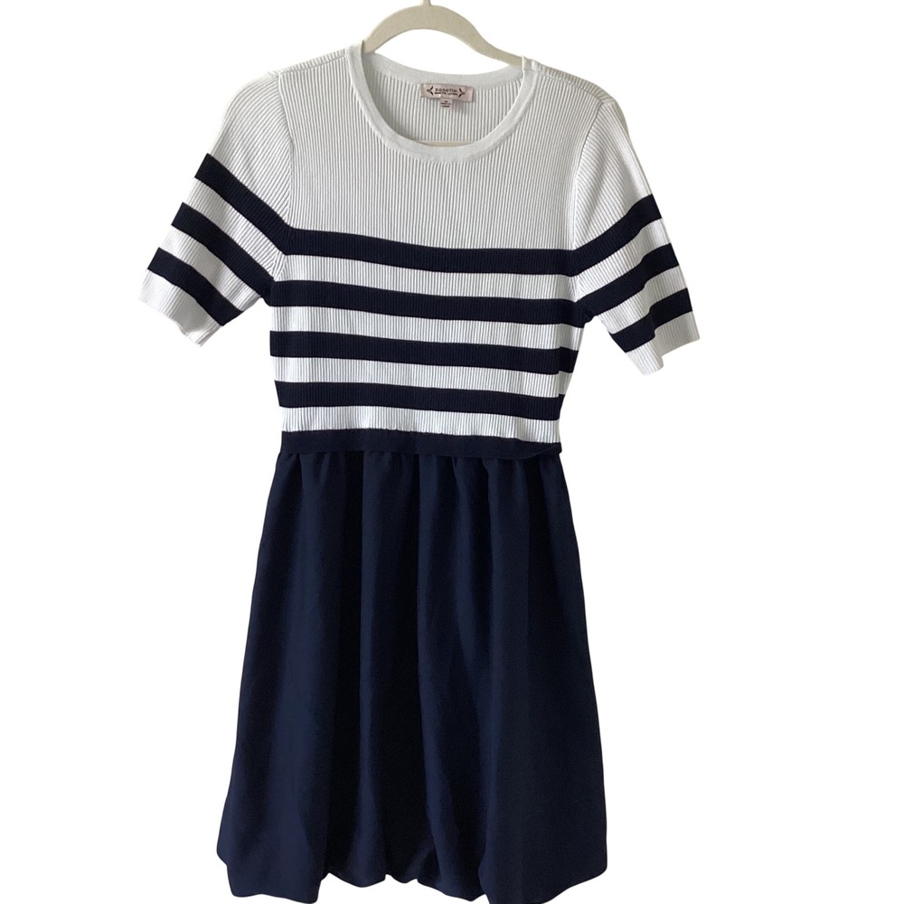 Nanette Lepore Navy White Striped Ribbed Knit Bubble Hem Dress Medium RN 103715